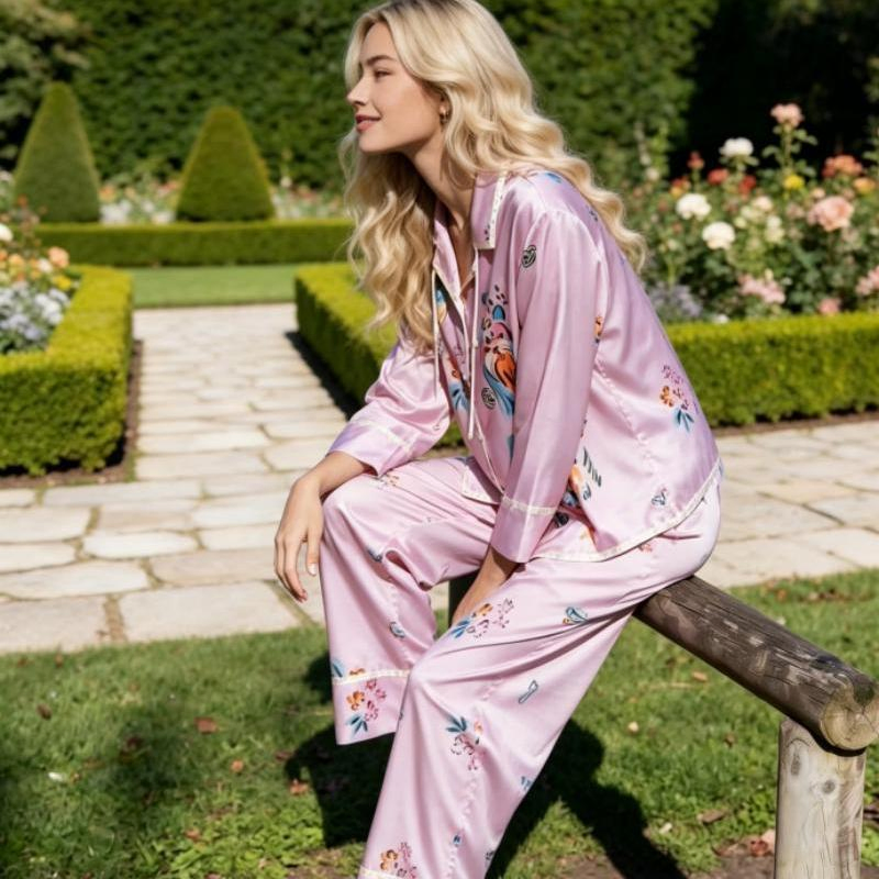 Conjunto de pijamas de seda estampada a la moda, pijamas de manga larga para mujer