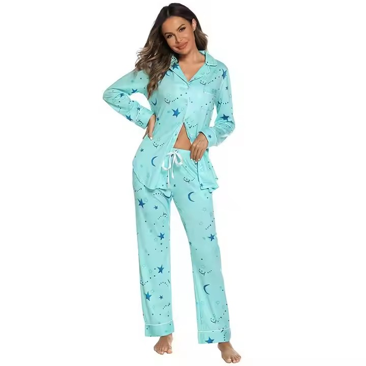 Pijamas de mujer de dos piezas de algodón orgánico modal de bambú, conjunto de top de manga larga y pantalones