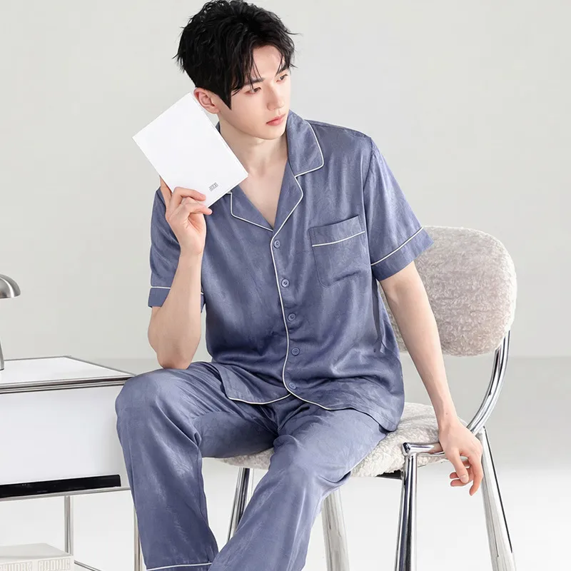 Conjunto de pijama de seda helada transpirable para hombres, de manga corta y pantalones largos, para el verano, talla grande, ropa de casa