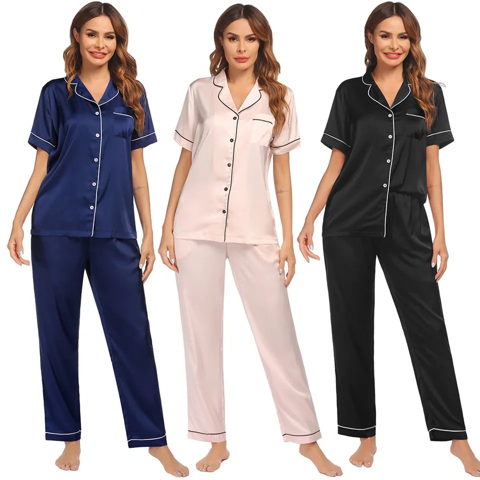 Conjunto de Pijamas de Satén Sólido para Mujeres de Manga Corta con Cuello y Botones 2 Prenda de Ropa de Casa Suave y Sedosa para Dormir Ropa de Noche Casual