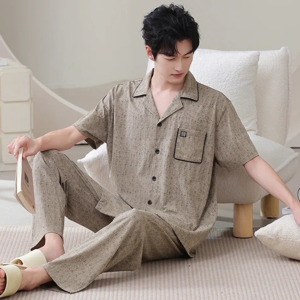Conjunto de pijama de lujo ligero de algodón puro para hombre, cárdigan abierto de verano de manga corta