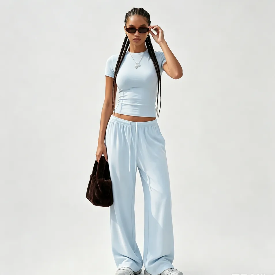 Conjunto de pijama deportivo casual de dos piezas, pantalones de cintura alta, de manga corta y de longitud completa