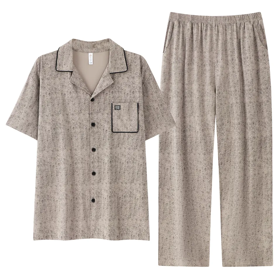 Conjunto de pijama de lujo ligero de algodón puro para hombre, cárdigan abierto de verano de manga corta