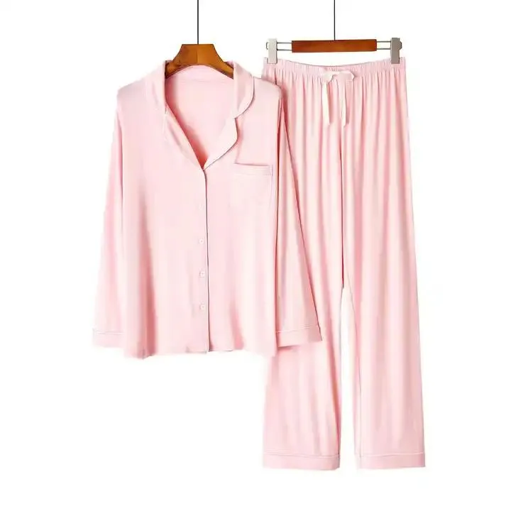 Conjunto de pijama de mujer de modal de bambú, color sólido, de manga larga, con cuello, suelto y casual