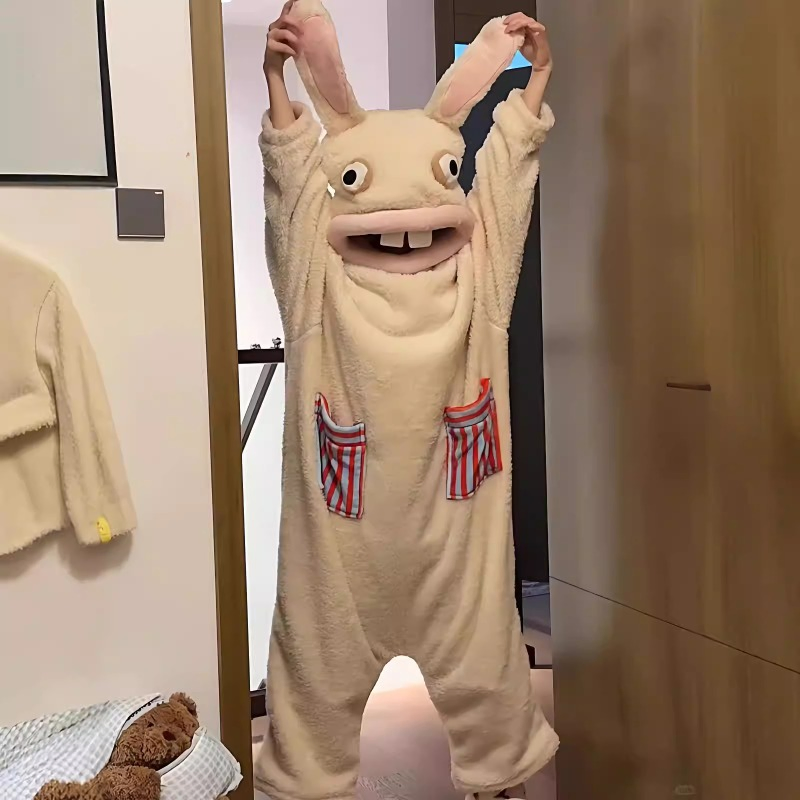 Pijamas de una pieza al por mayor, de estilo caricaturesco y peculiar, forrados con coral de invierno, gruesos y cálidos, se pueden usar como ropa exterior o de descanso