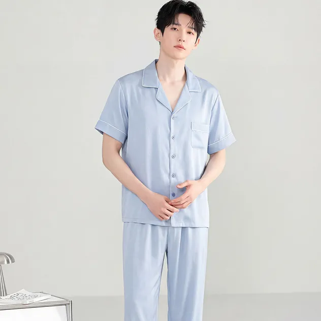 Conjunto de pijama de seda helada transpirable para hombres, de manga corta y pantalones largos, para el verano, talla grande, ropa de casa