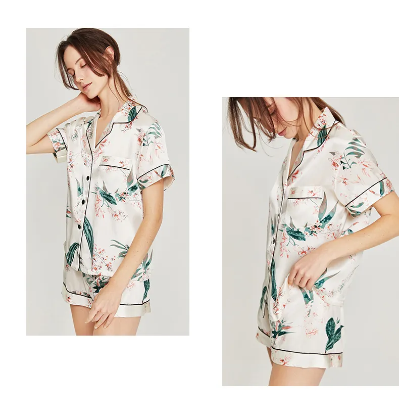 Conjunto corto de pijamas de seda impresos personalizados para dama