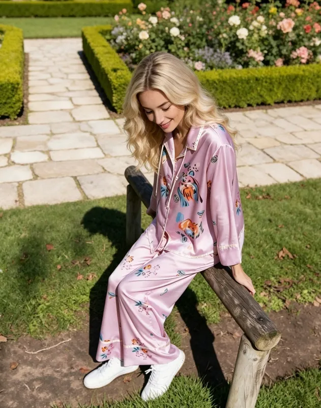 Conjunto de pijamas de seda estampada a la moda, pijamas de manga larga para mujer