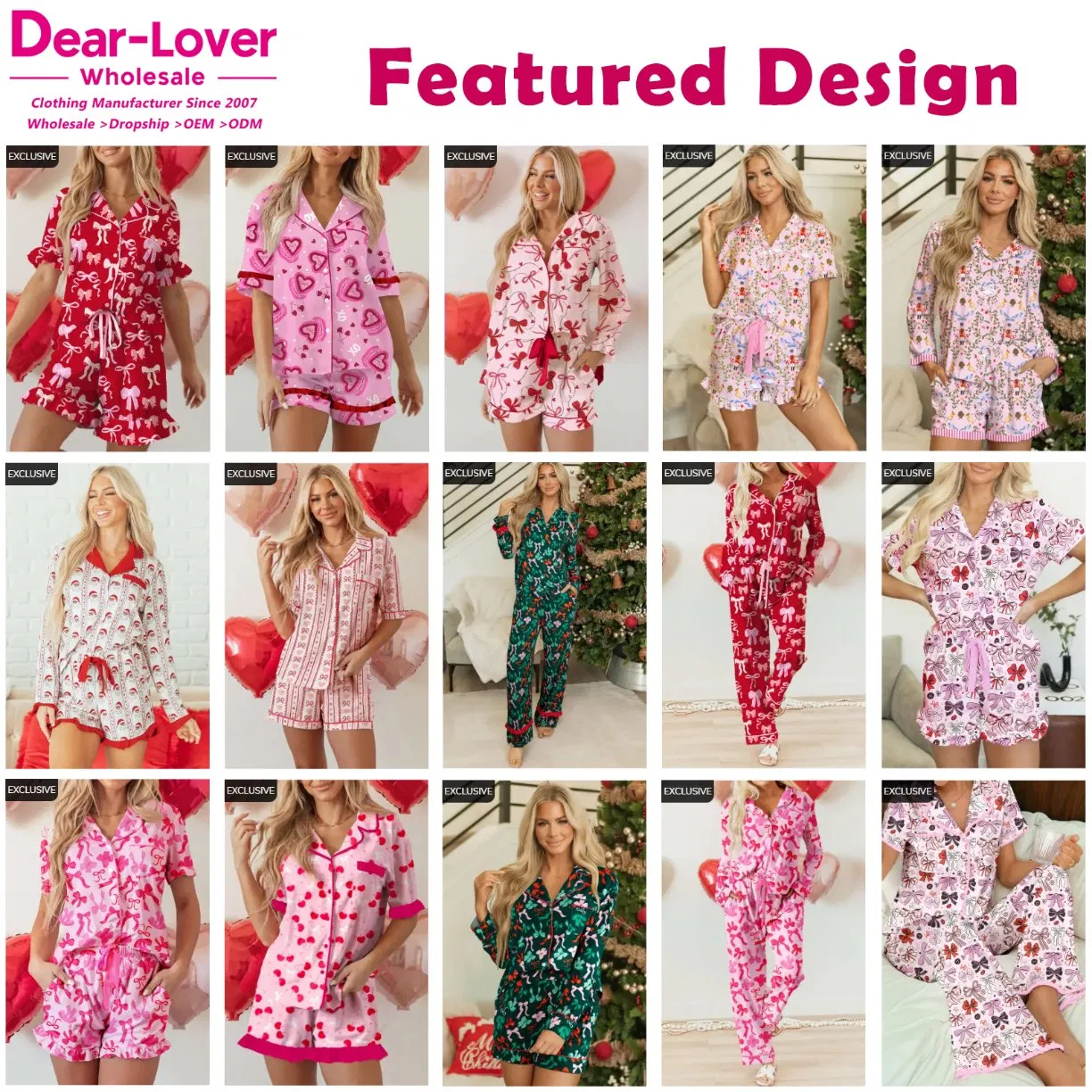 Querido Amante Exclusivo Mayorista Dropshipping Boutique Ropa Mujeres Fabricantes Camisa Estilo Con Pipa Impresa de Lazo Romántico 2PCS Conjunto de Pijama Corto de San Valentín