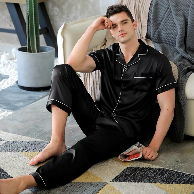 Pijama de dos piezas de seda pura para hombre, con camiseta de manga corta y pantalones