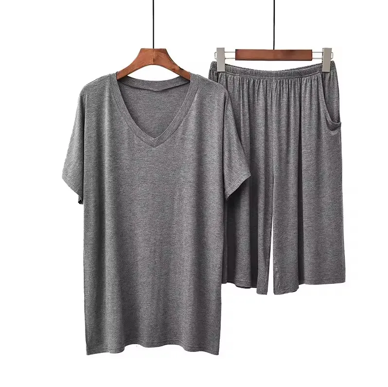 Pijamas de verano casuales de dos piezas de modal para hombres de alta calidad con cuello en V y mangas cortas