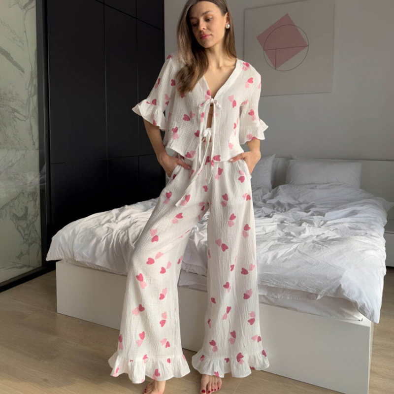 Conjunto de pijama de verano europeo americano de leopardo de algodón puro con volantes y pantalones cortos de manga corta