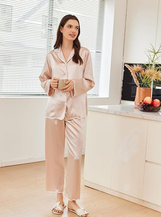 Pijamas largos de seda de alta calidad personalizados con bajo MOQ