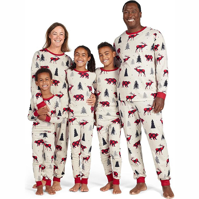 Pijamas navideños a juego para toda la familia con letras impresas de ciervos pequeños, conjunto de pijamas de algodón rojo