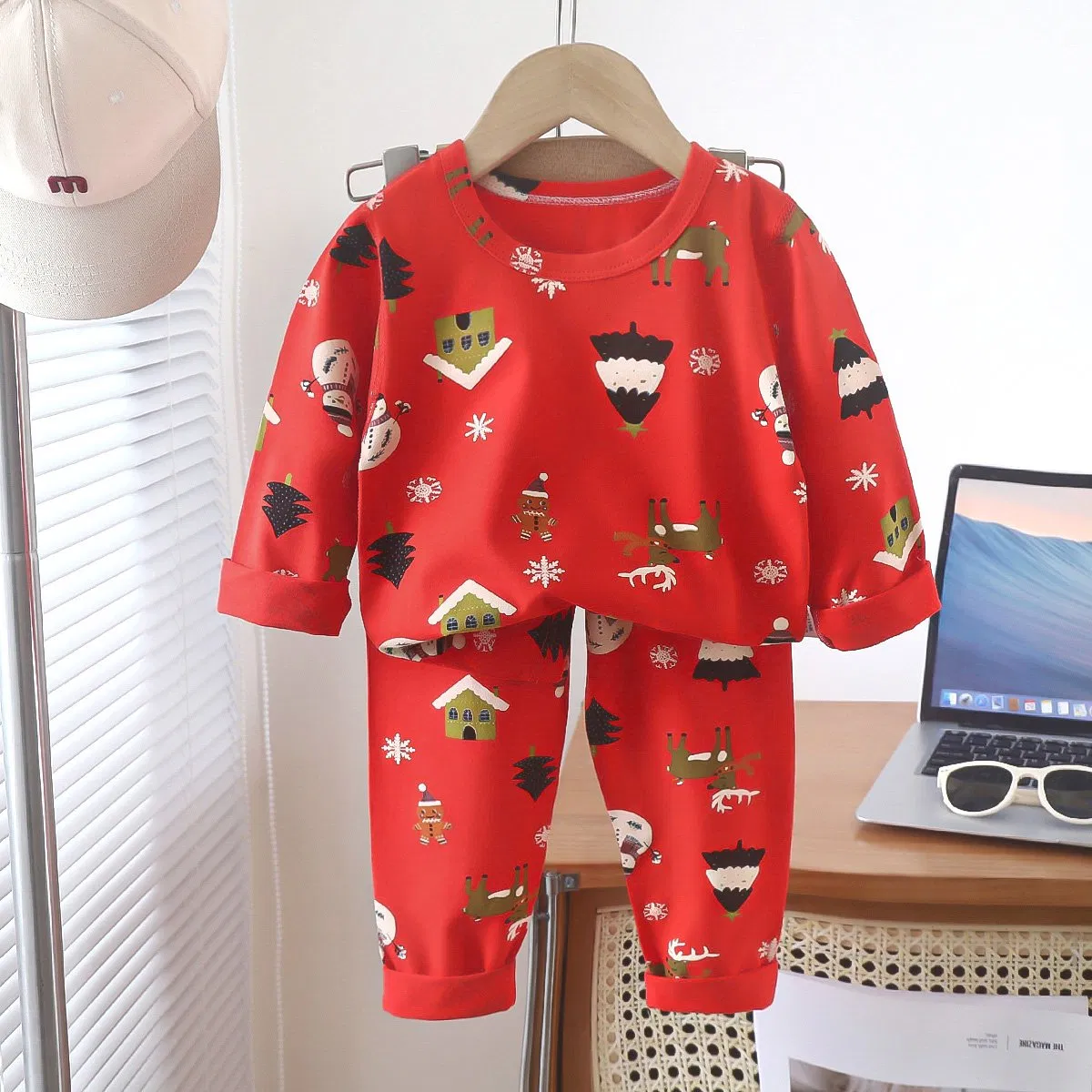 Conjunto de pijama al por mayor ropa infantil - Estampado de muñeco de nieve navideño