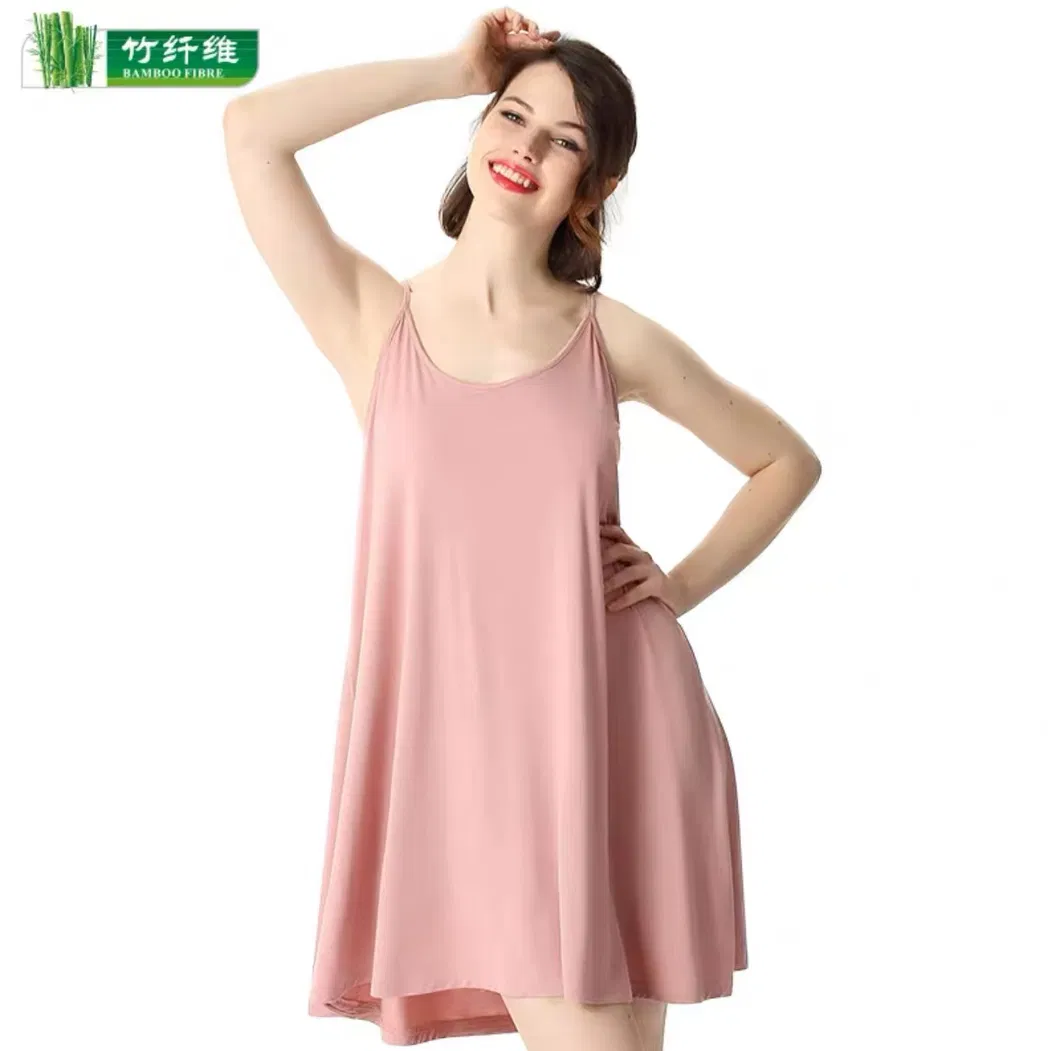 Camisón de bambú suelto sexy de longitud media negro, pijamas de bambú para verano, delgado
