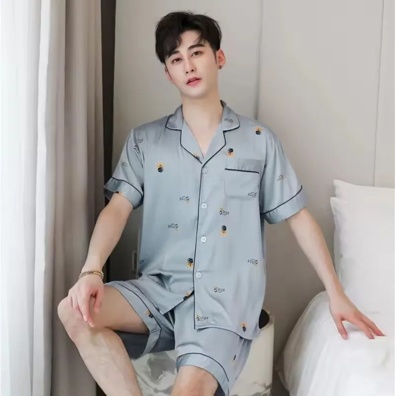 Conjunto de pijama de seda para hombre de manga larga y pantalones largos, estilo hogareño, de alta calidad, primavera y otoño, nueva moda, ropa Hong, de seda helada, cómoda y transpirable