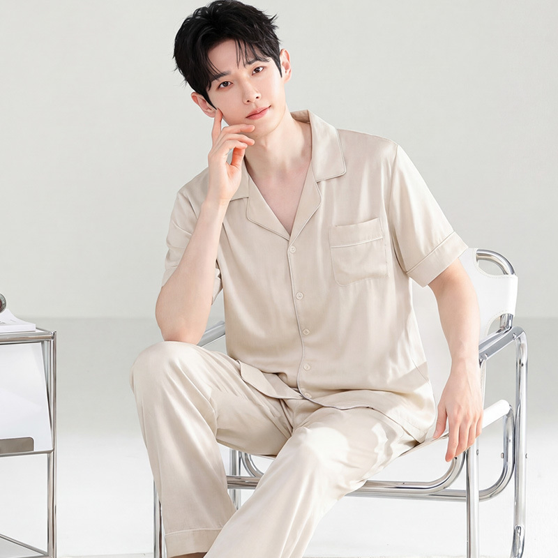 Conjunto de pijama de seda helada transpirable para hombres, de manga corta y pantalones largos, para el verano, talla grande, ropa de casa