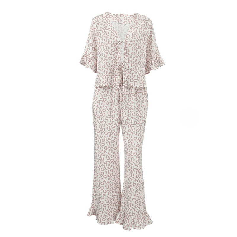 Conjunto de pijama de verano europeo americano de leopardo de algodón puro con volantes y pantalones cortos de manga corta