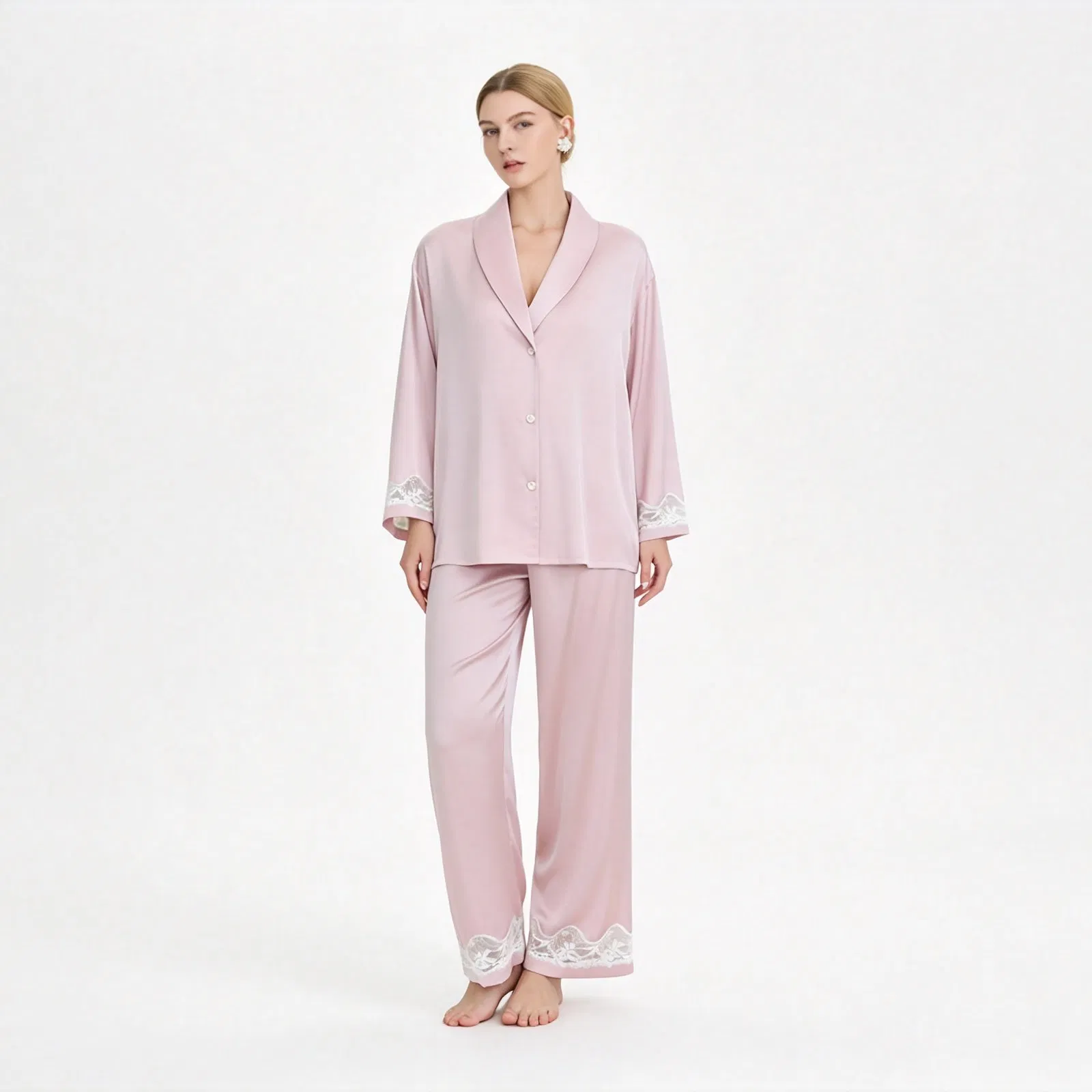 Conjunto de pijama de satén de lujo para mujer, con cuello en V, apto para todas las estaciones, para uso exterior y de descanso