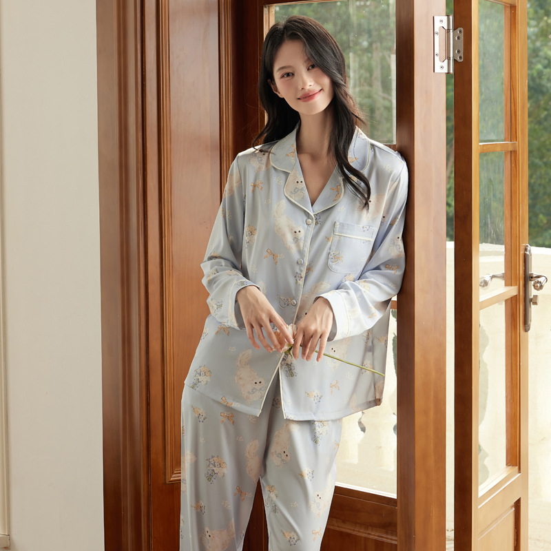 Conjunto de pijama de manga larga impresa de seda helada para mujer, primavera y otoño