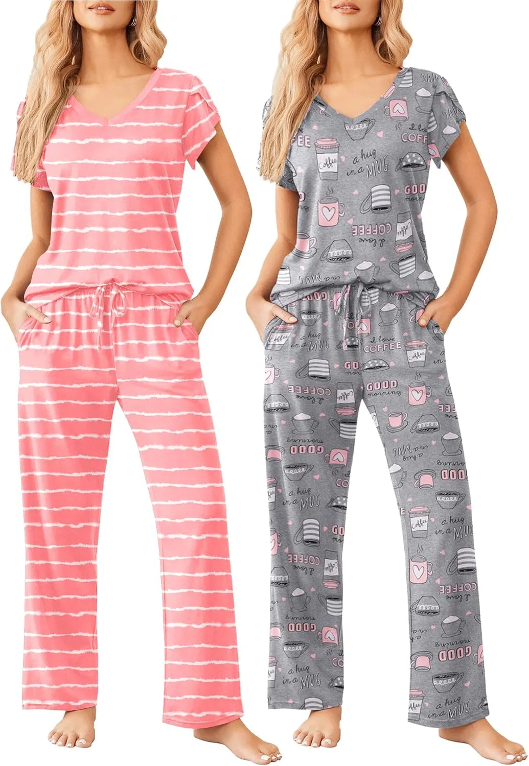 2 Conjunto de Pijamas para Mujeres de Manga Corta con Pantalones, Sets de Lounge Impresos Súper Suaves