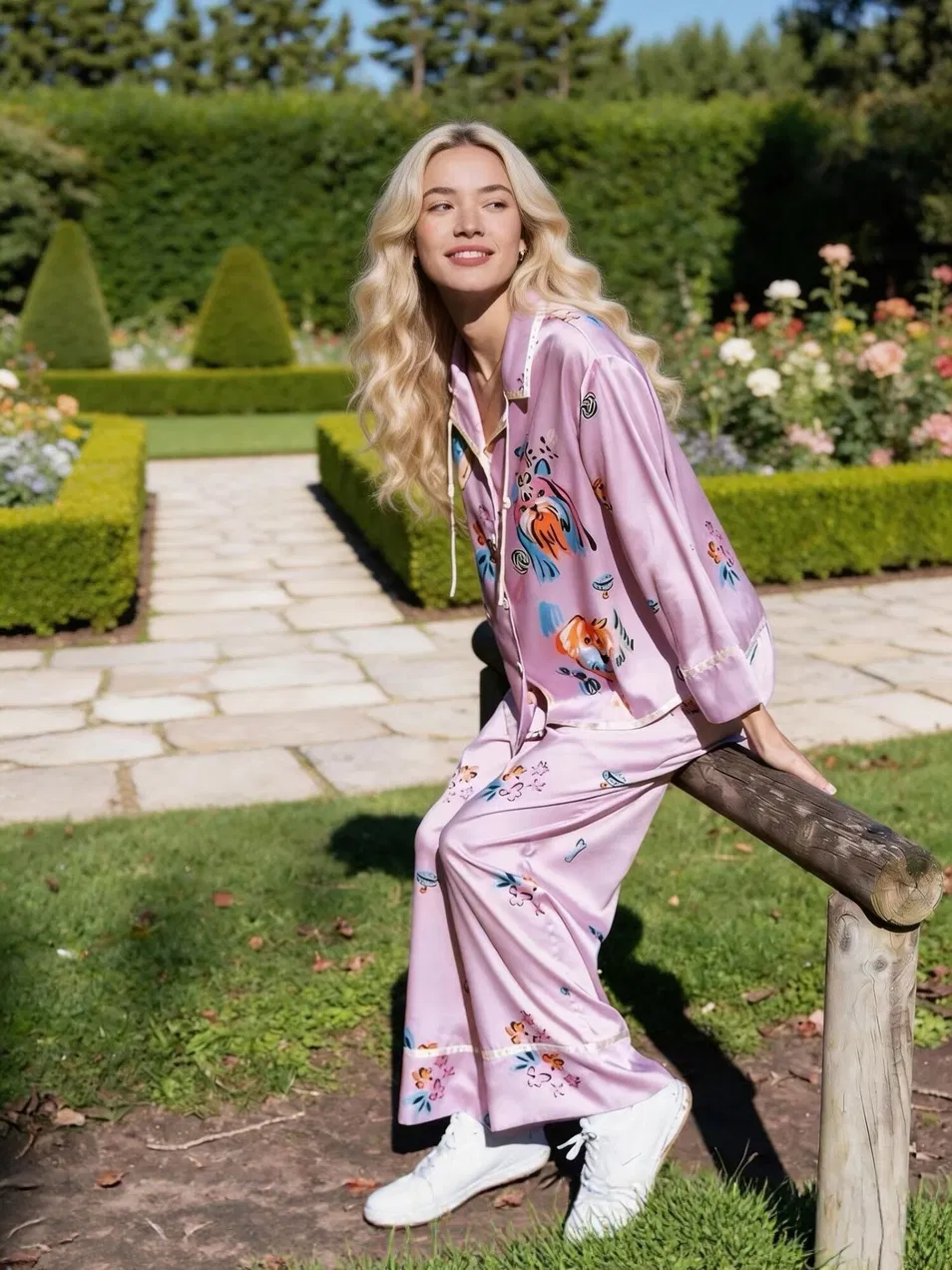 Conjunto de pijamas de seda estampada a la moda, pijamas de manga larga para mujer