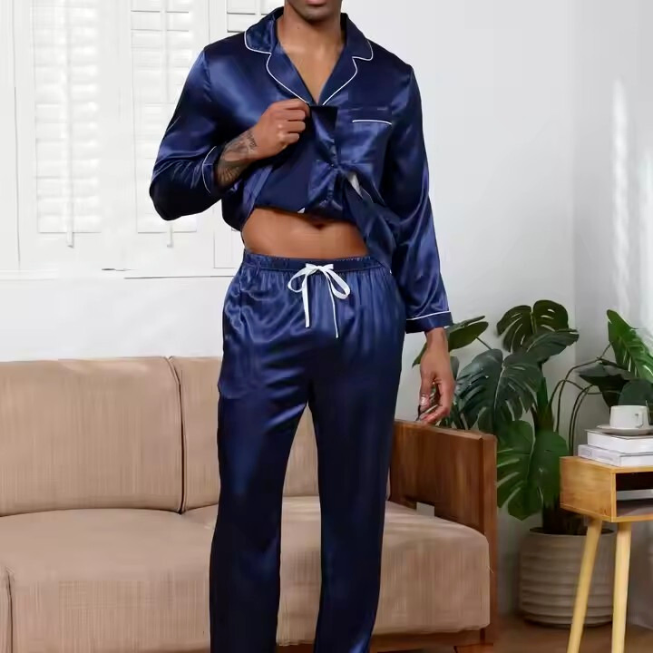 Ropa de dormir de satén liso al por mayor, ropa de casa de talla grande con bolsillos, pijamas de seda para hombres, camisones de dos piezas