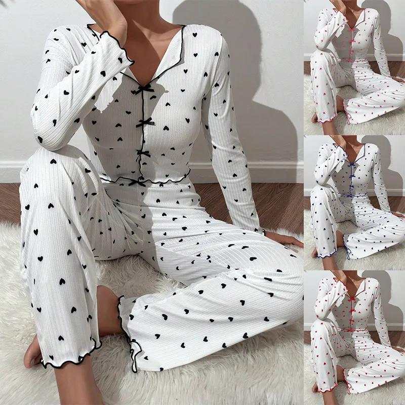 Conjunto de pijama para mujeres, pijamas de manga larga con estampado, ropa de casa casual