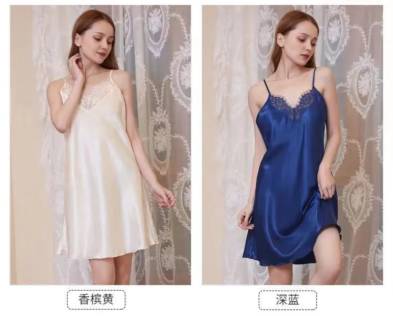 Vestido de dormir sin mangas de seda sintética para mujeres, ropa, pijamas, camisón, pijamas de satén para mujeres