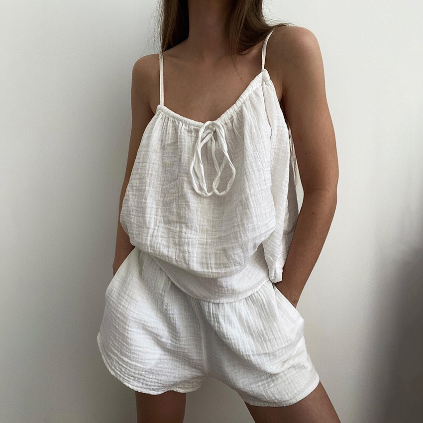 Conjunto de pijama de algodón crepe suave y transpirable, cómodo para el hogar, verano de chicas suaves