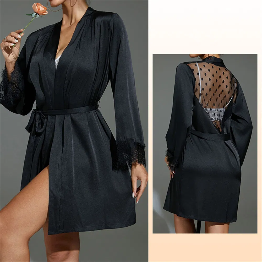 Pijama de seda helada con tirantes de encaje para damas