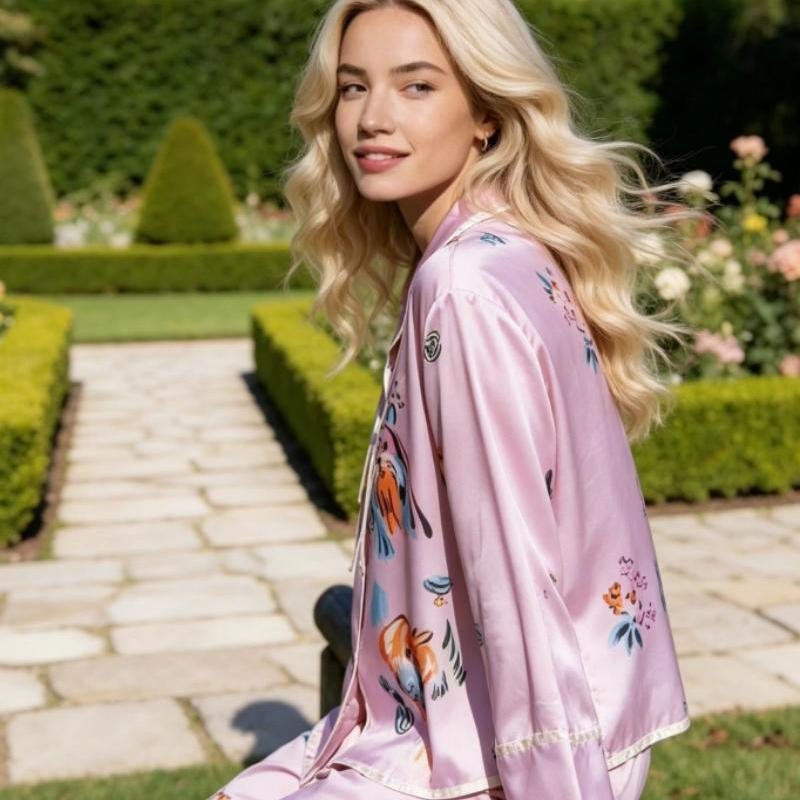 Conjunto de pijamas de seda estampada a la moda, pijamas de manga larga para mujer