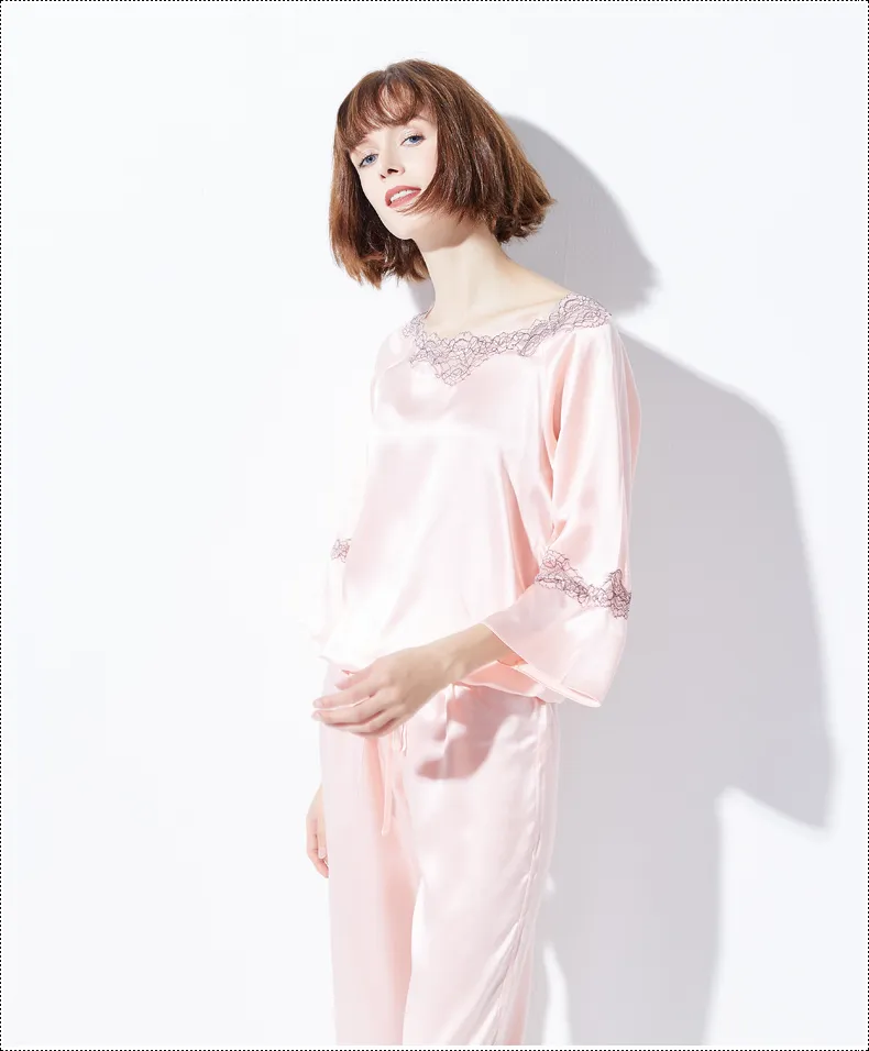 Conjunto de pijama de seda pura para dama con bordado de lujo 100%