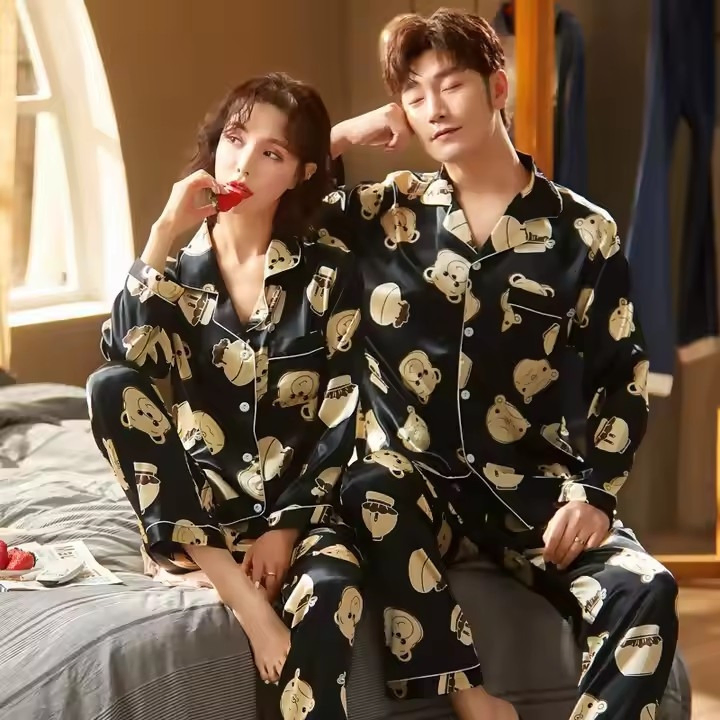 Pijamas de seda de manga larga para mujeres, ropa de dormir de primavera, loungewear con estampado de dibujos animados para parejas