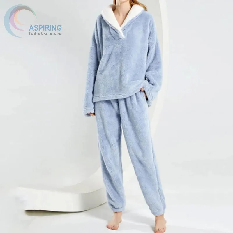 Conjunto de pijama de mujer de algodón de terciopelo grueso y cómodo para invierno