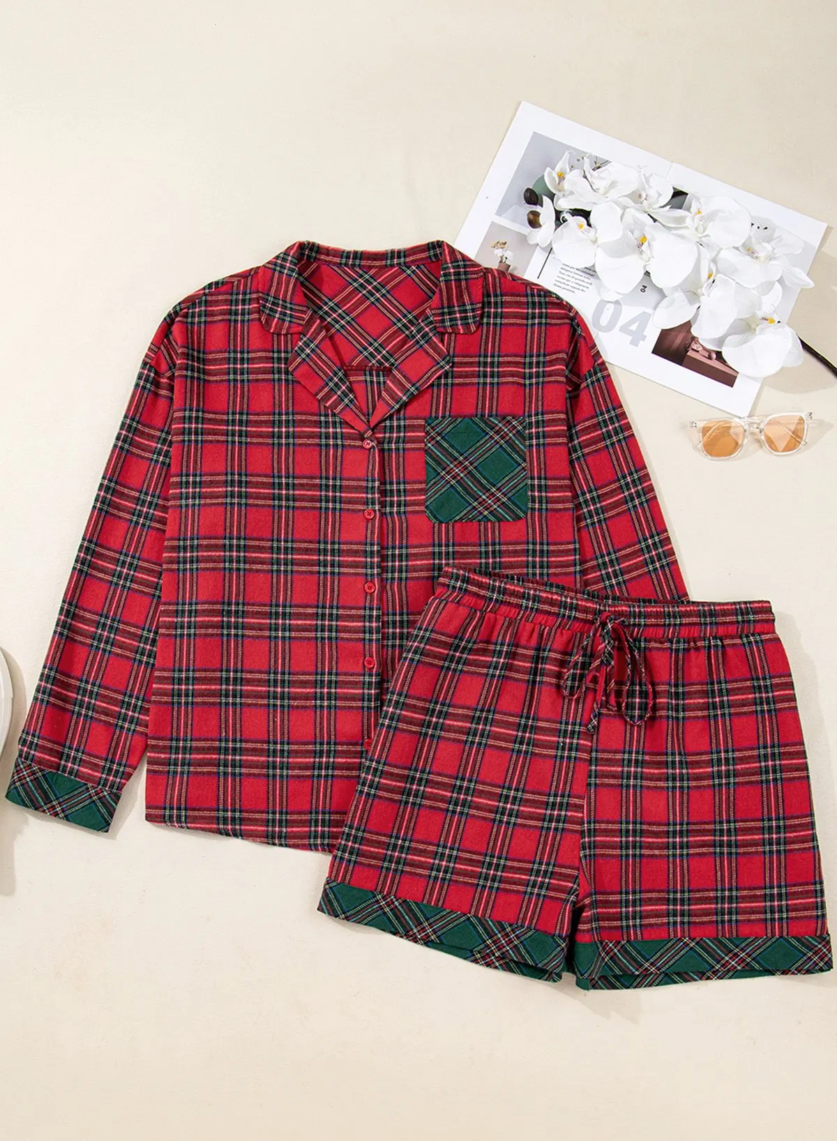 Querido Amante Boutique Mayorista Talla Grande Camisa de Manga Larga a Cuadros con Contraste y Pantalones Cortos 2PCS Conjunto de Pijama