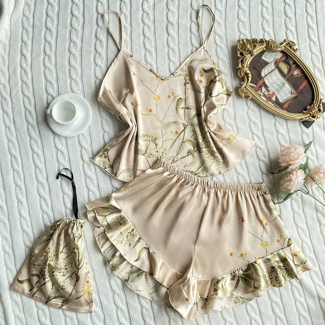 Pijamas impresos de estilo seda imitación talla grande, pijamas de seda helada casuales y a la moda, ropa de casa