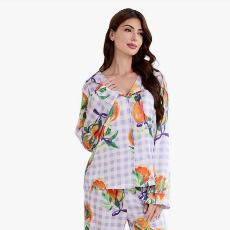 Conjunto de pijama de mujer de manga larga con cuello vuelto, suelto, impreso en rosa, otoño e invierno