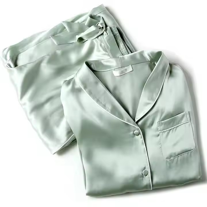 Conjunto de Pijamas de Seda Satinada para Mujeres 100% Conjunto de Dos Piezas de Manga Larga para Dormir