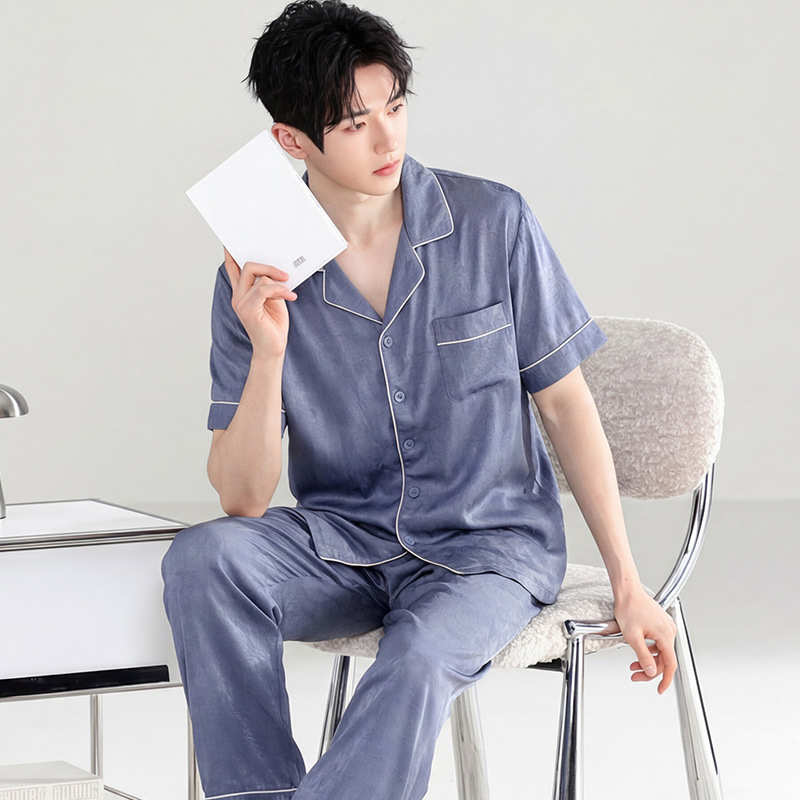 Conjunto de pijama de seda helada transpirable para hombres, de manga corta y pantalones largos, para el verano, talla grande, ropa de casa
