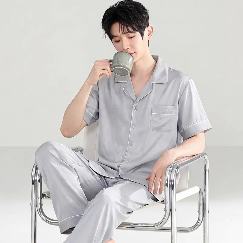 Conjunto de pijama de seda helada transpirable para hombres, de manga corta y pantalones largos, para el verano, talla grande, ropa de casa