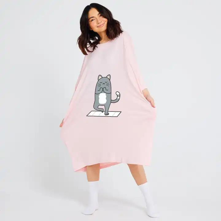 Pijama de bambú personalizado, camiseta de dormir, vestido largo para mujer - Negro