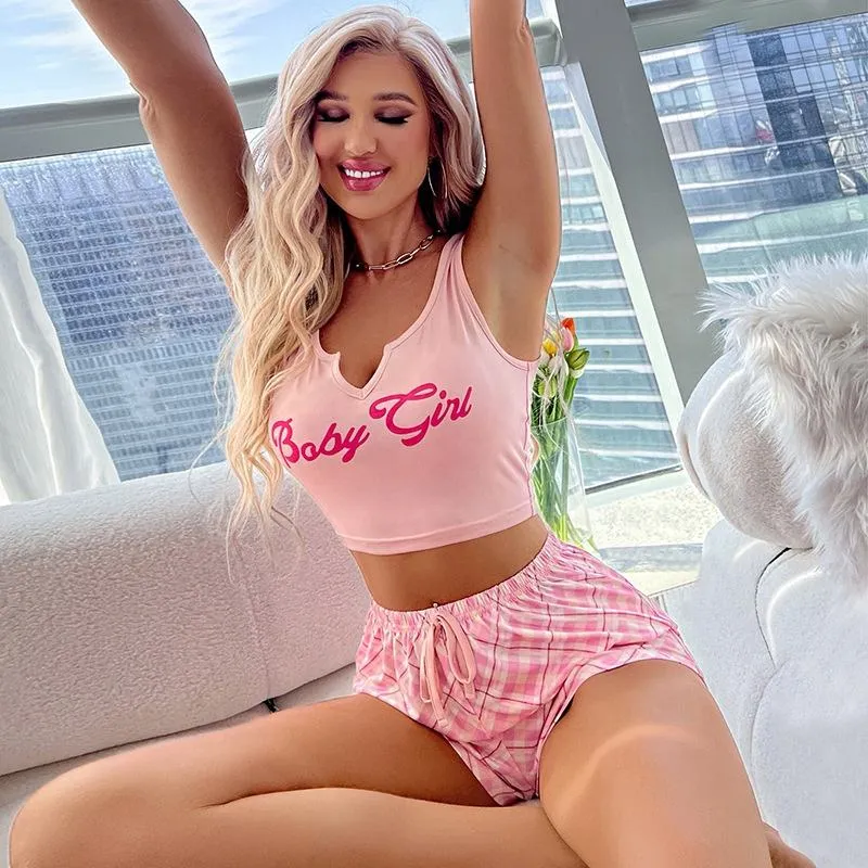 Conjunto de pijamas de verano para mujeres europeo y americano de dos piezas, sexy, sin tirantes, top y pantalones cortos
