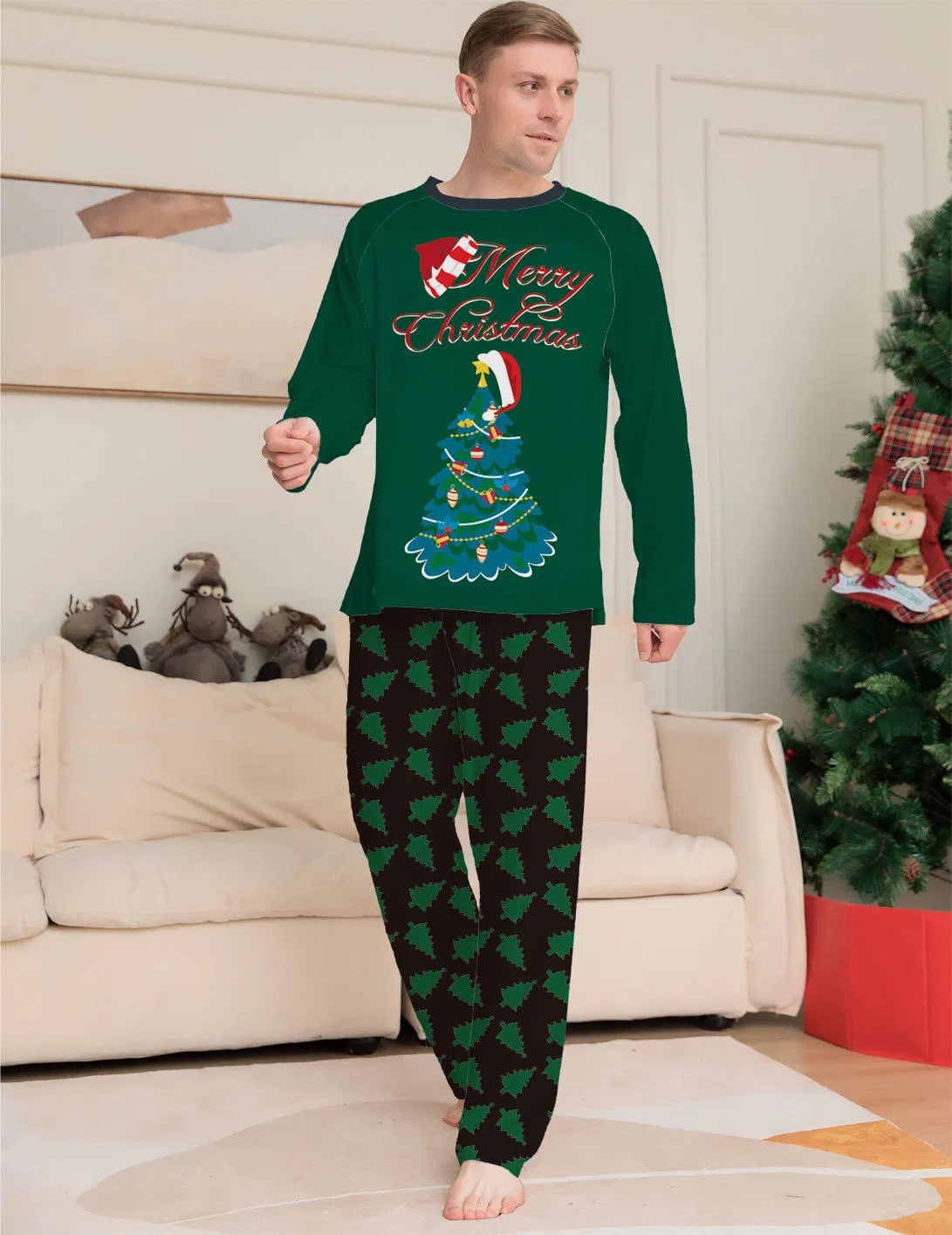 Conjunto navideño de alta calidad imitación algodón para padres e hijos, pijamas de hogar de manga larga con estampado de árbol de Navidad para la familia