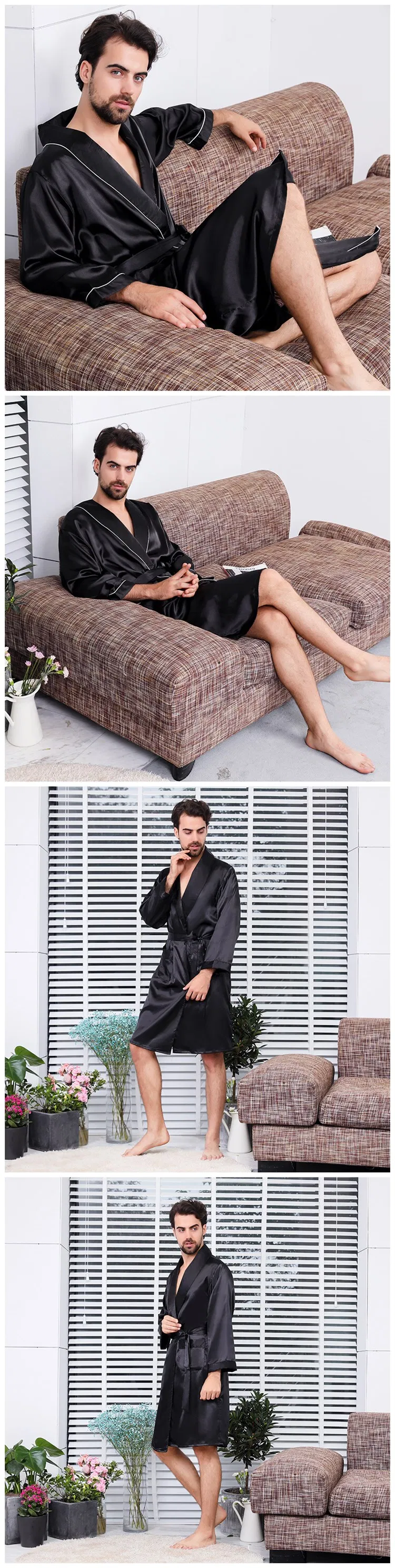 Ropa de noche de lujo de seda al por mayor para hombres, bata de dos piezas, pijamas de satén personalizados 2