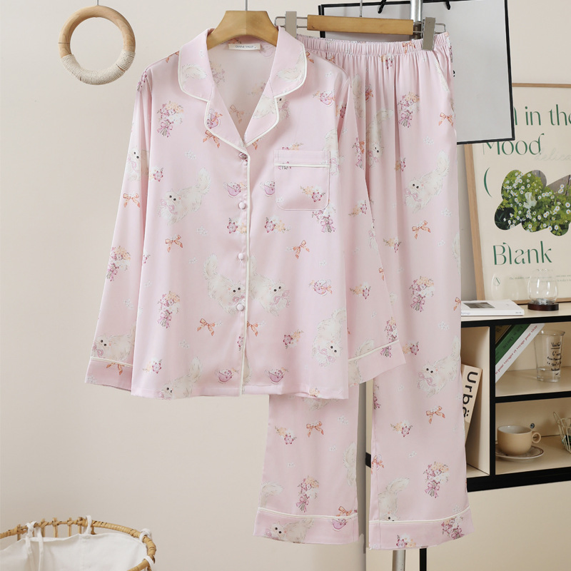 Conjunto de pijama de manga larga impresa de seda helada para mujer, primavera y otoño