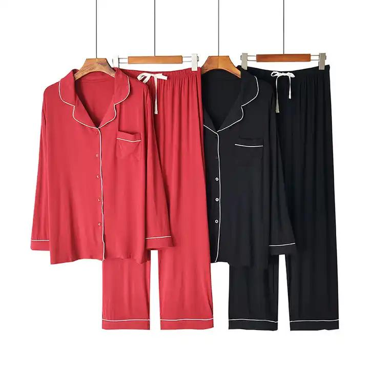 Conjunto de pijama de mujer de modal de bambú, color sólido, de manga larga, con cuello, suelto y casual