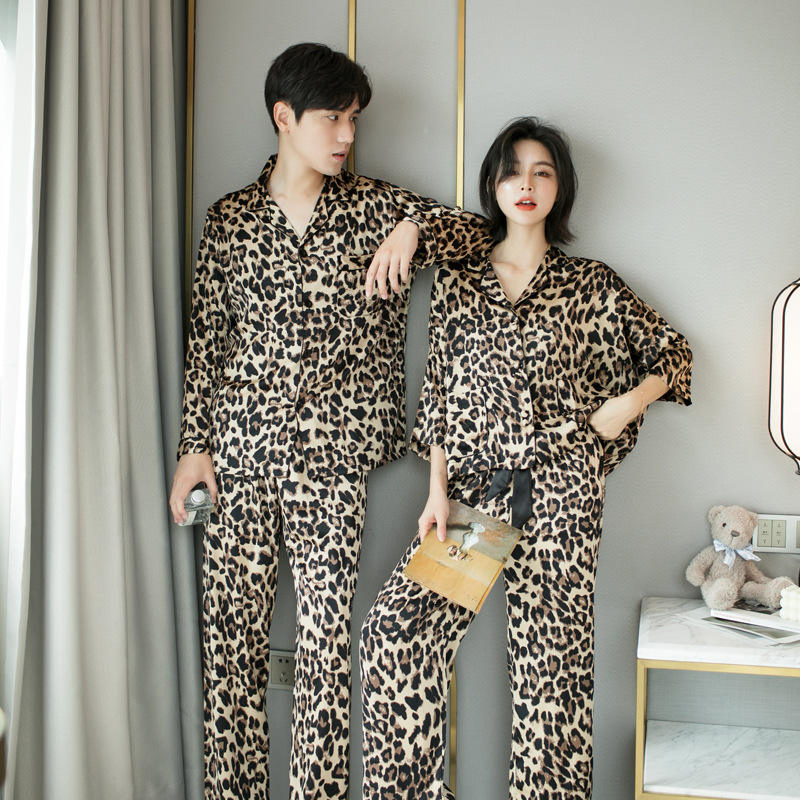 Pijamas de Navidad: Pijamas de manga larga de seda helada para hombres, pijamas sexys de estampado de leopardo para parejas, pijamas para mujeres, ropa de descanso