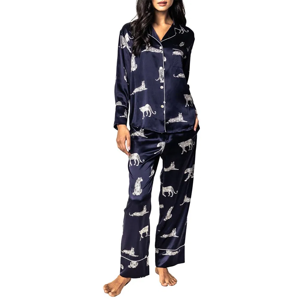 Conjunto de pijama de seda para mujeres con estampado de animales 2 Piezas conjunto de pijama de seda de lujo con estampado geométrico para mujeres